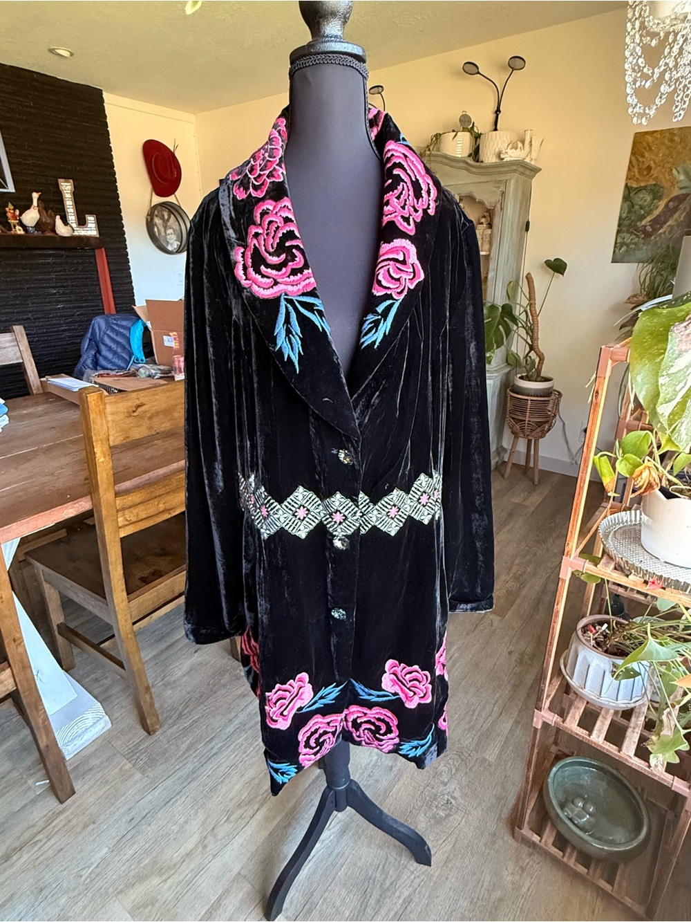 Black Velvet Embroidered Floral Blazer Jacket - Pink Floral Accents